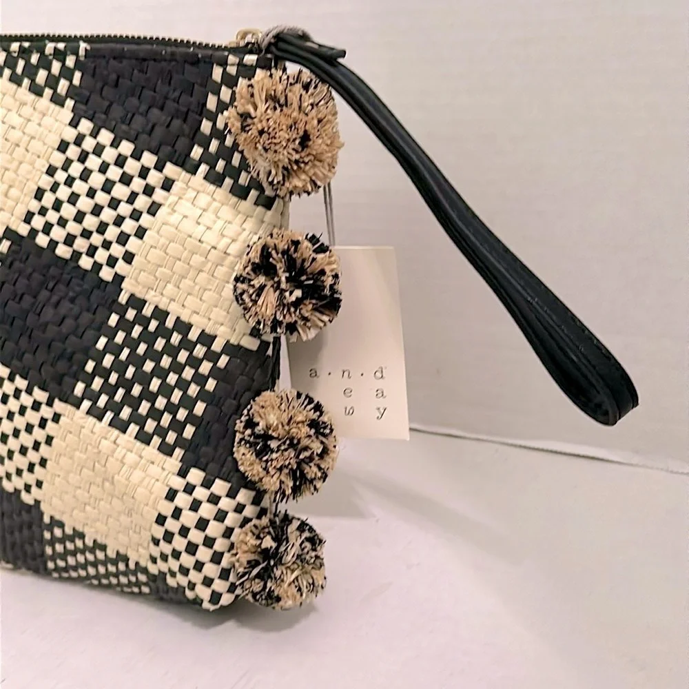 A New Day Checkered Black and Cream Clutch with Pop Poms and wristlet nwt